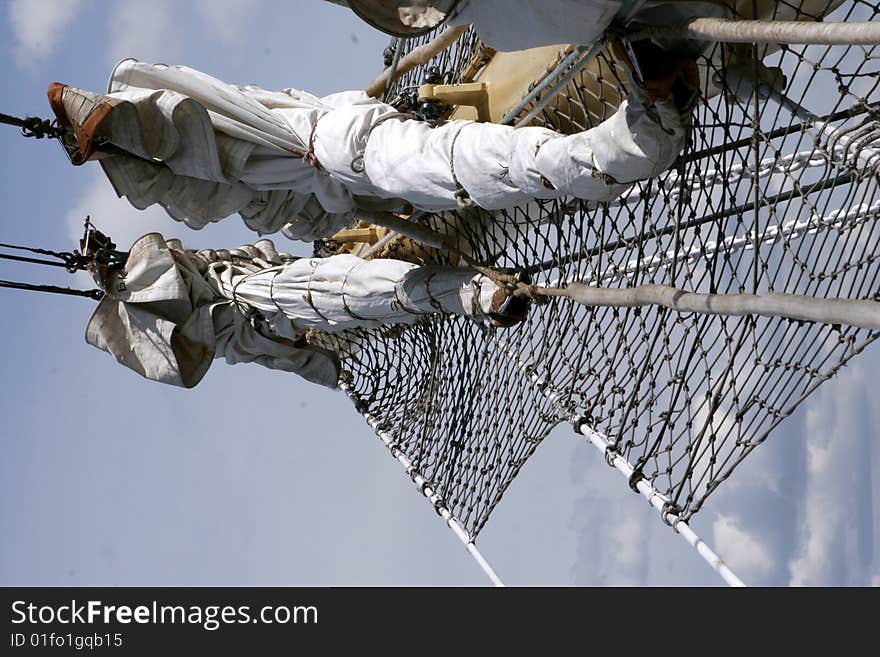 Convolute sails of sailship World at the embankment river Neva