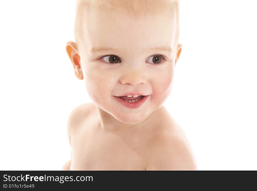 Laughing baby boy on white background