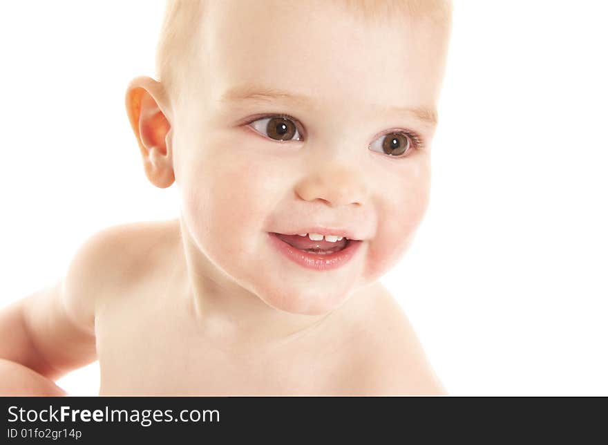 Laughing baby boy on white background