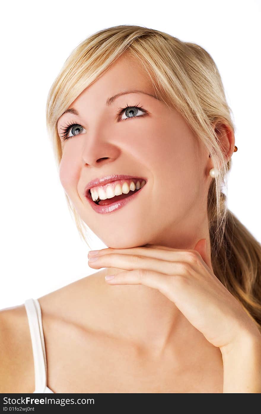 Young blond woman with blue eyes close up. Young blond woman with blue eyes close up