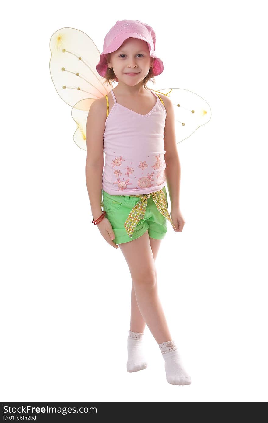 Little girl with butterfly wings isolated on white. Little girl with butterfly wings isolated on white