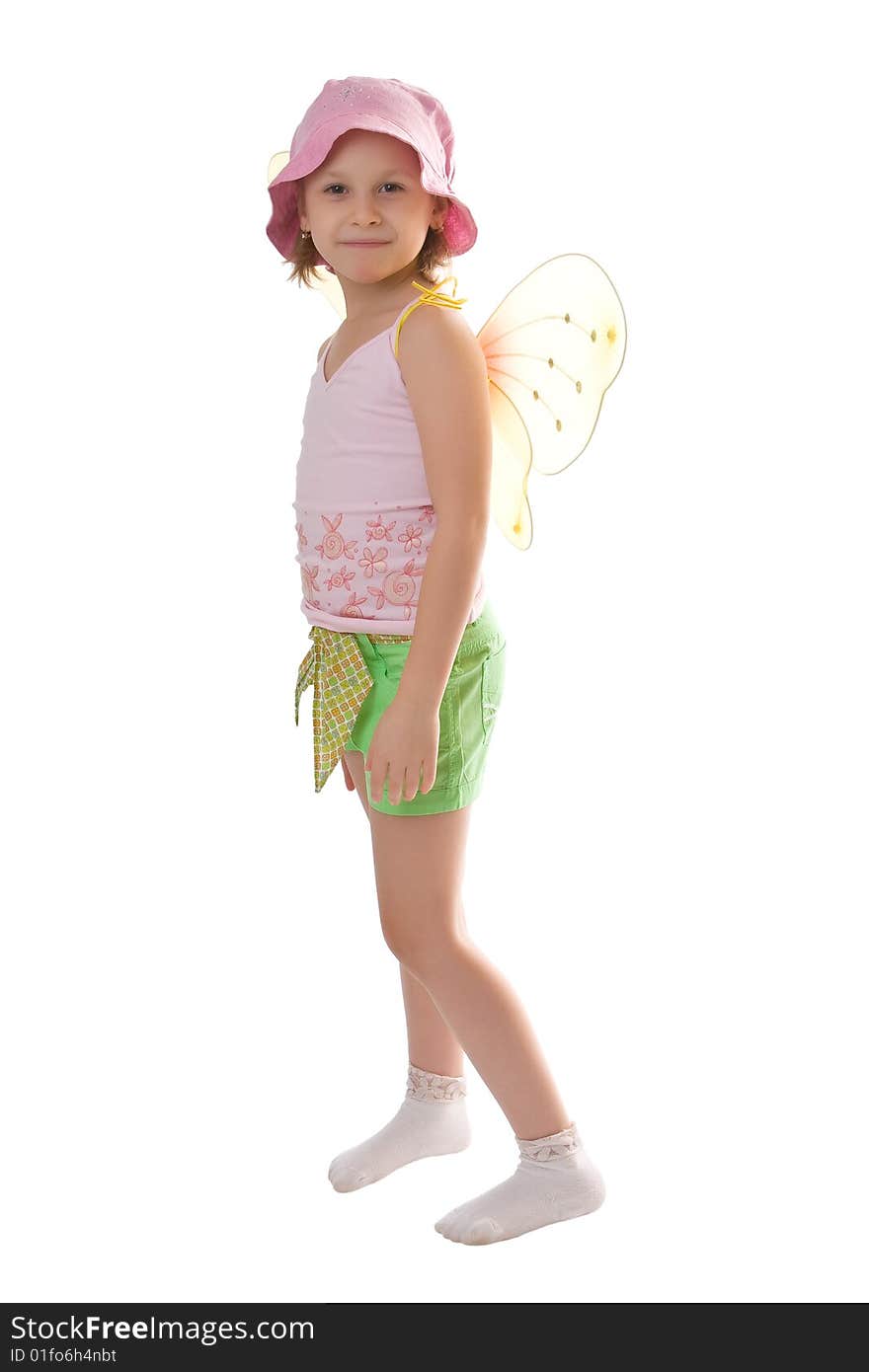 Little girl with butterfly wings isolated on white. Little girl with butterfly wings isolated on white