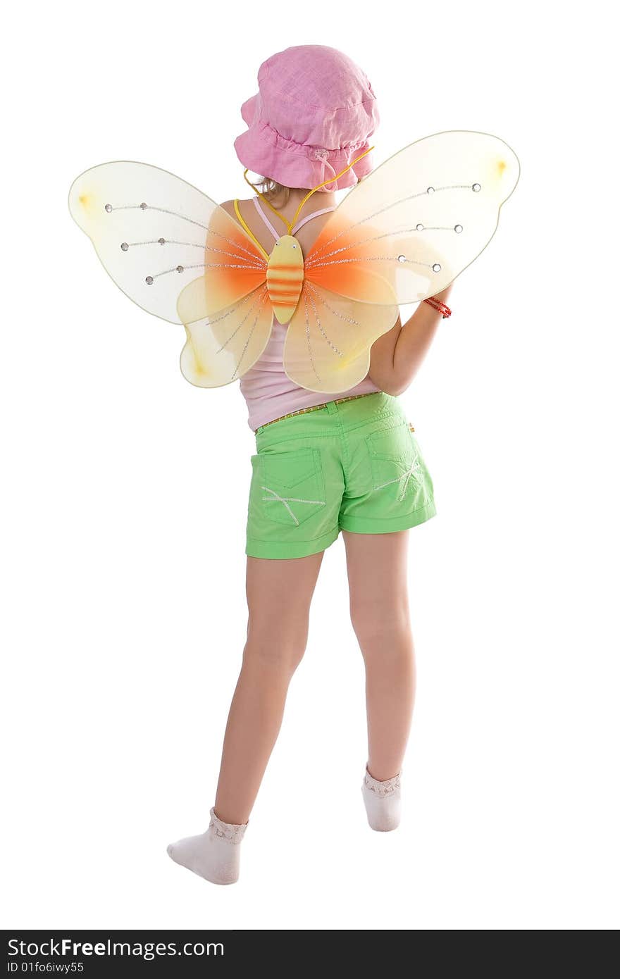 Little girl with butterfly wings isolated on white. Little girl with butterfly wings isolated on white