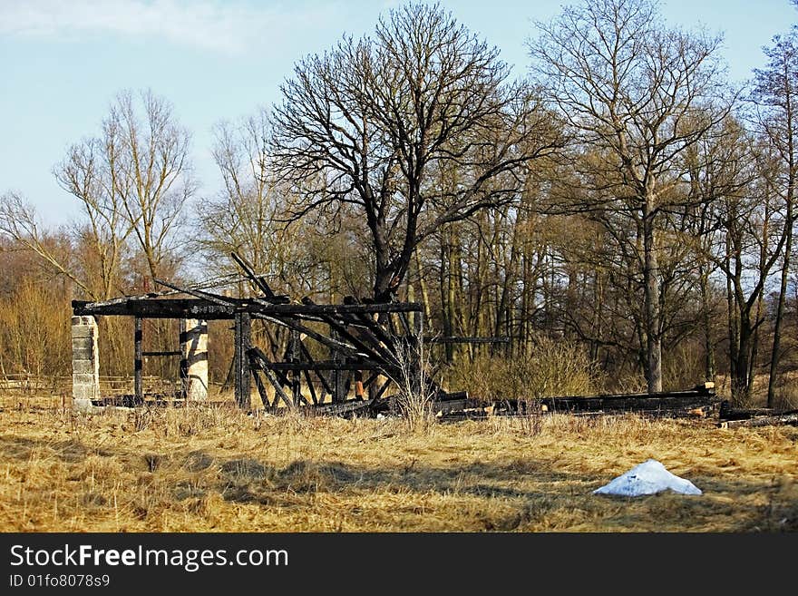 Damaged house and tree after conflagration. Damaged house and tree after conflagration