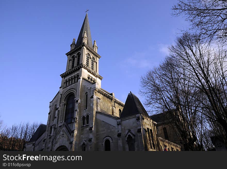 Church building in the blue sky, church tower