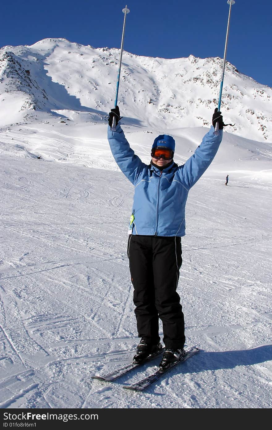 Girl ready to downhill in Alps (Solden, Austria)