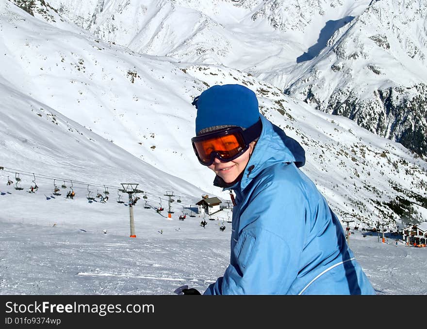 Girl ready to downhill in Alps (Solden, Austria)