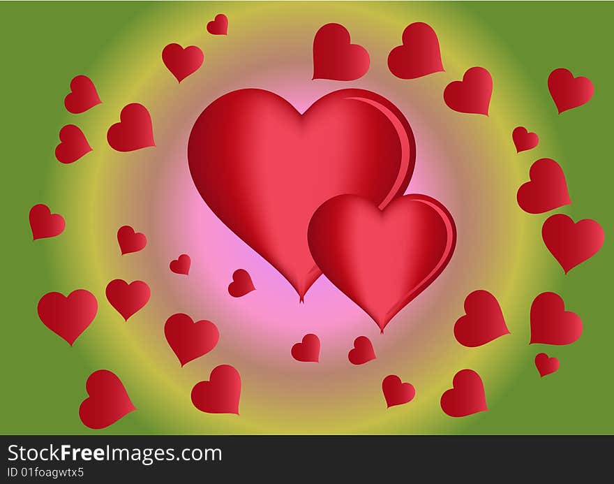 Valentine card. Red hearts on pink, yellow and green background.