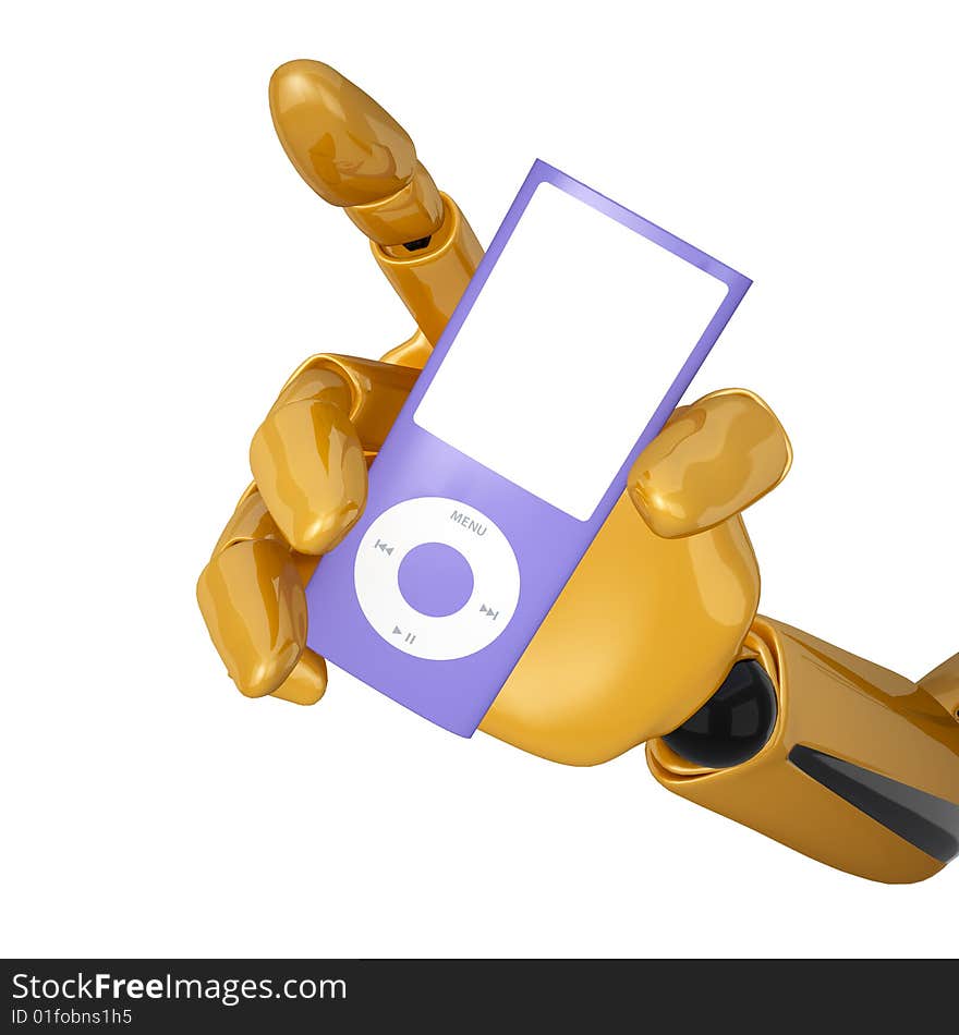 Gold 3d robotic hand hold a blank portable multimedia player. Including clipping path. Gold 3d robotic hand hold a blank portable multimedia player. Including clipping path