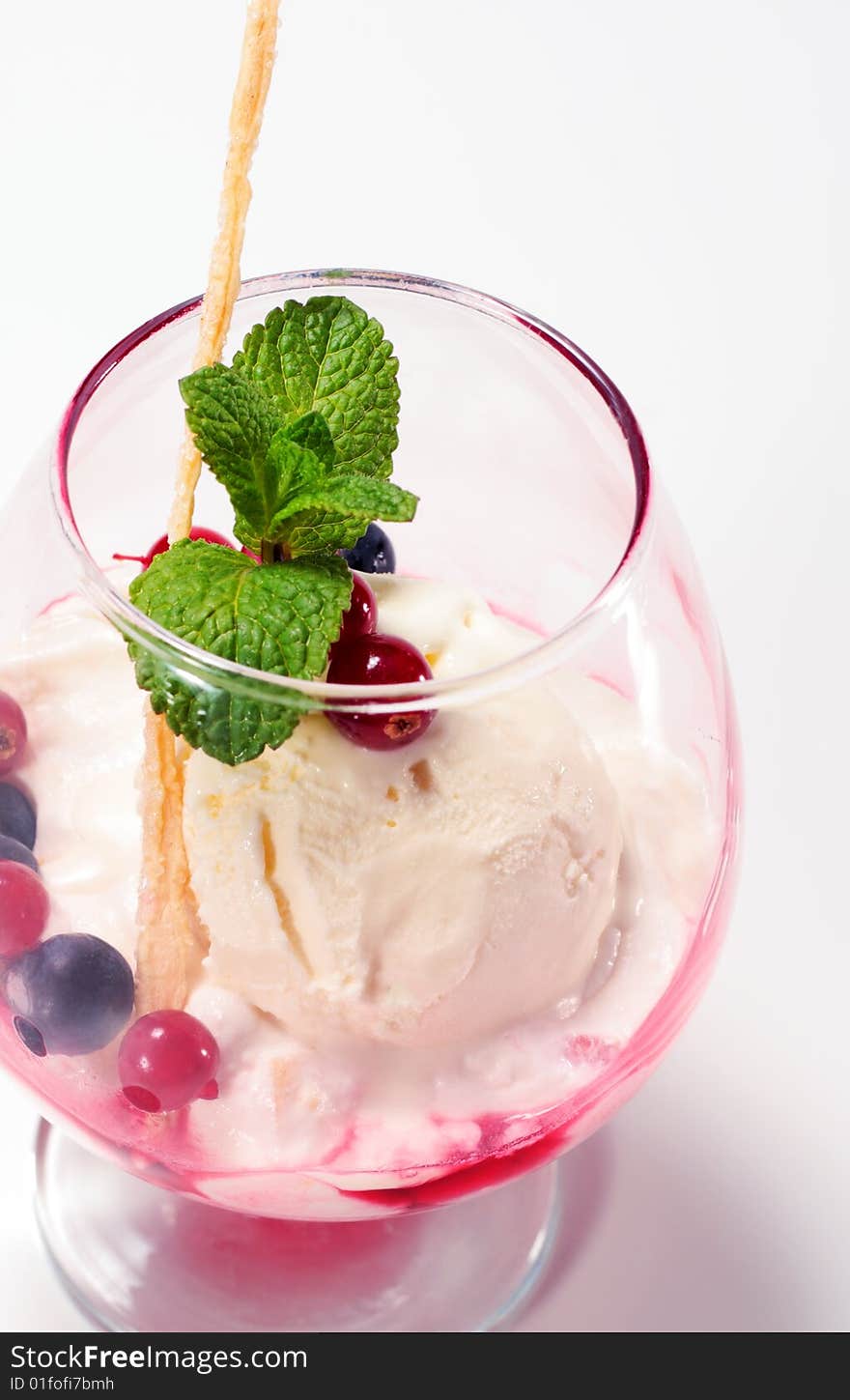 Ice Cream with Fresh Mint Leaves and Berries in Glass. Ice Cream with Fresh Mint Leaves and Berries in Glass