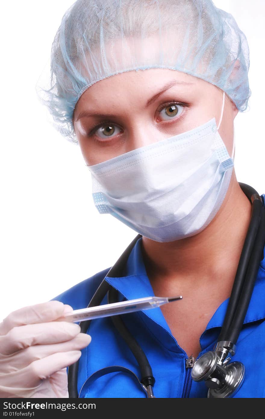 Doctor with a thermometer, isolated on a white background. Doctor with a thermometer, isolated on a white background