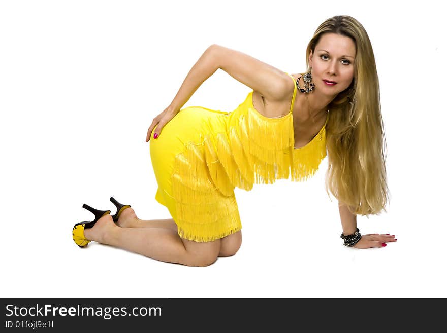 Long hair blond in yellow dress on white background