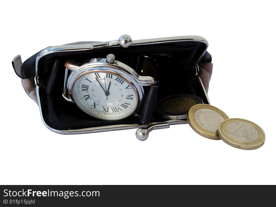 Watch and coins in a purse. Watch and coins in a purse