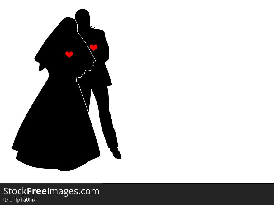 Black shape of loving couple with red hearts. Man and woman who are engaged to be married.