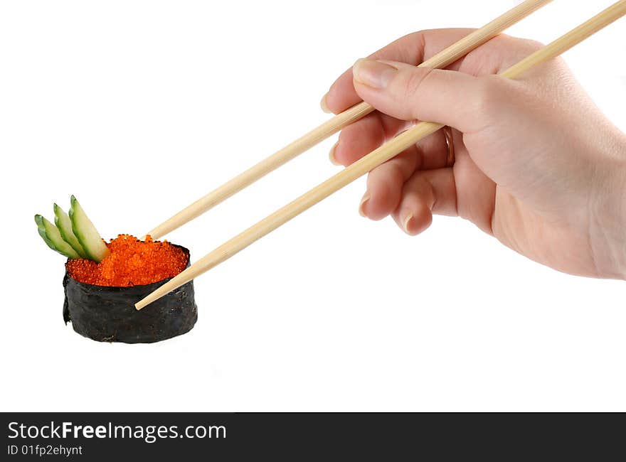 Hand holding the chopsticks isolated on a white background