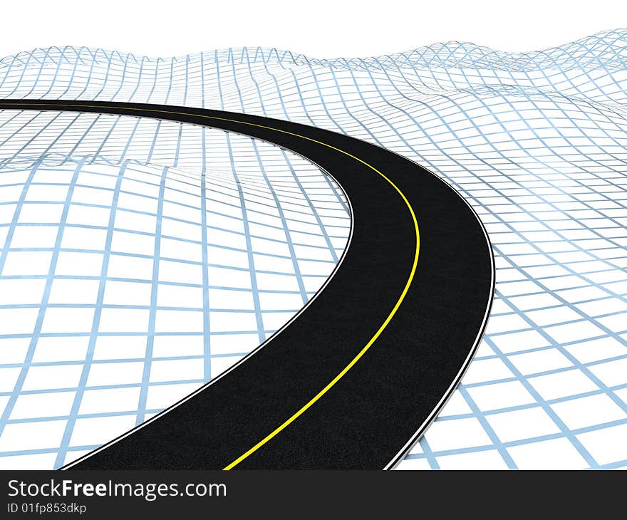 3d illustration of road over blue wireframe hills