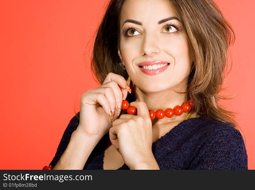 Pretty woman over red background