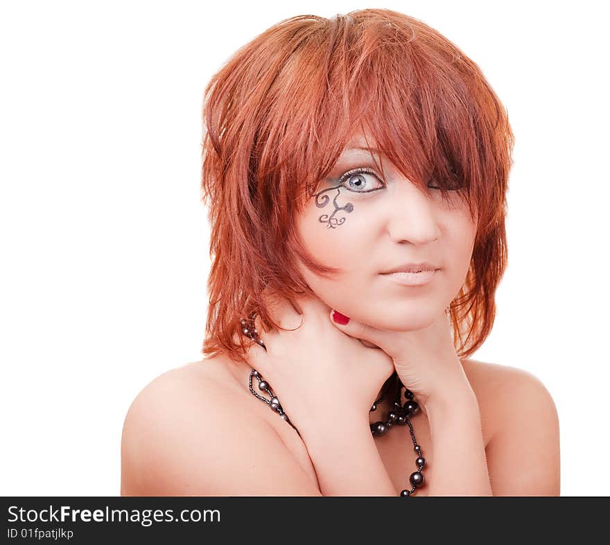 Young pretty girl with hands on her neck on white background