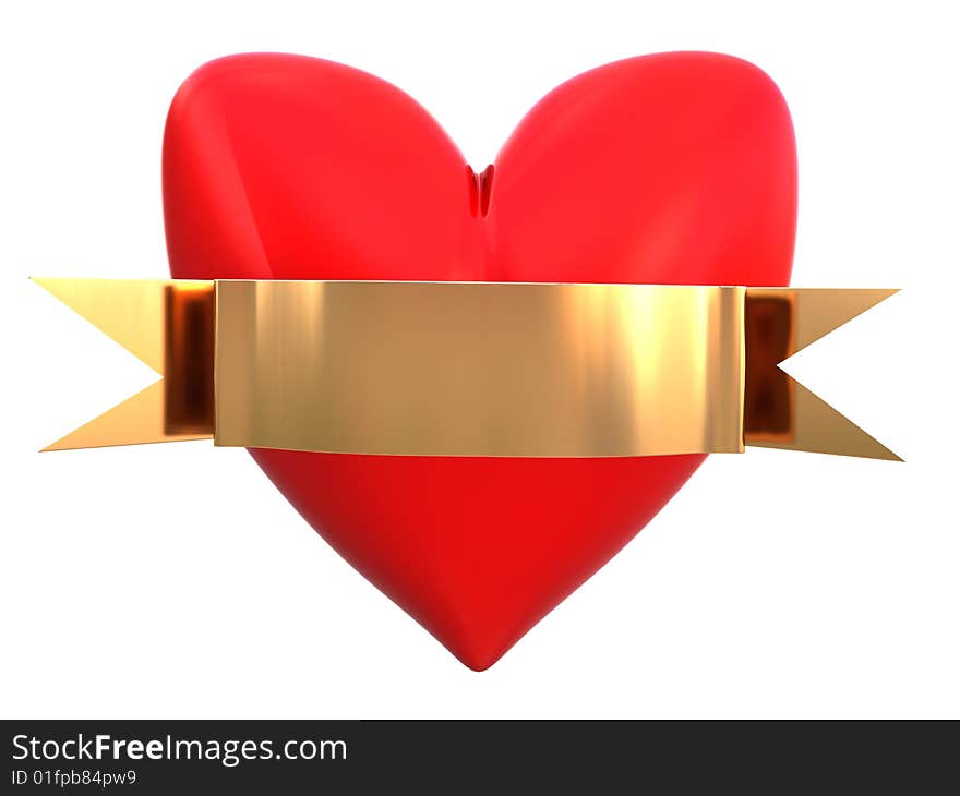 Abstract 3d illustration of red heart and golden plate for text