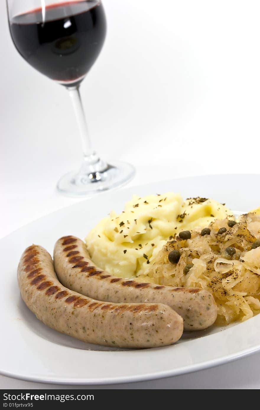 Grilled Sausage With Cabbage And Mashed Potatoes,w