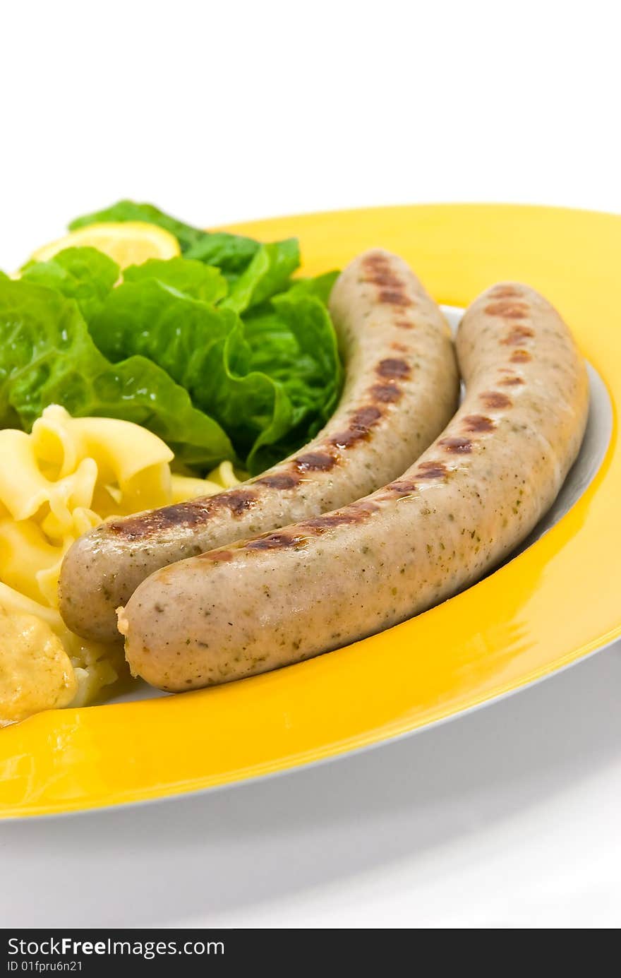 Grilled Sausage With Noodles,lettuce And Potato