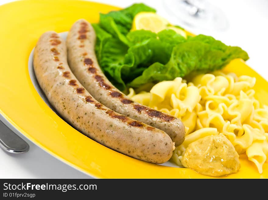 Grilled Sausage With Noodles,lettuce And Potato