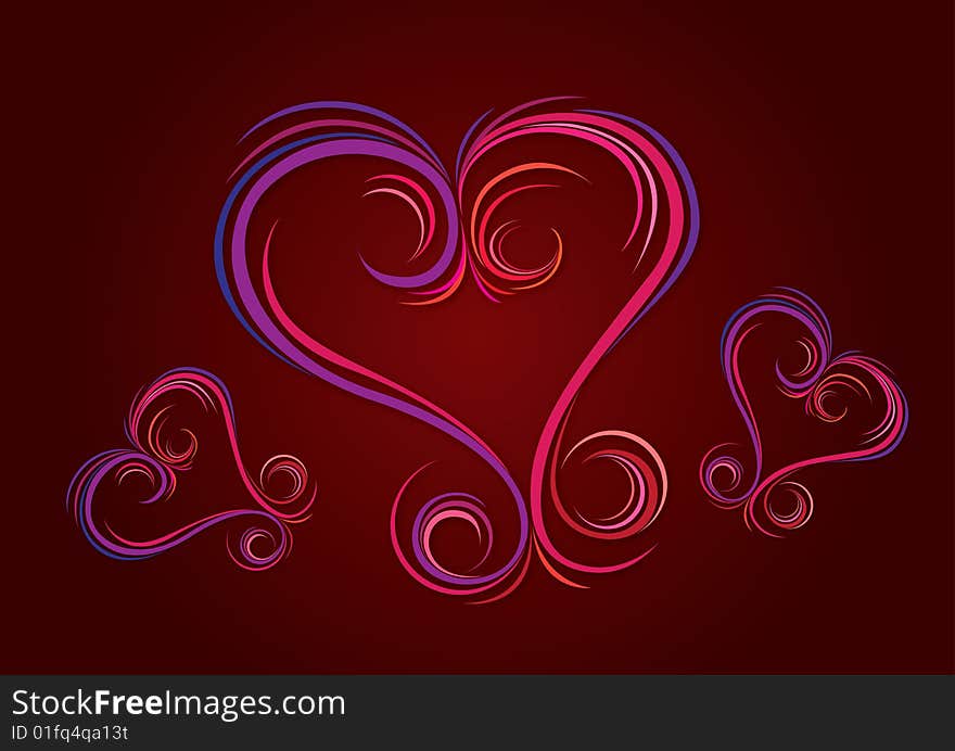 The love shape is combine with many different color lines on the dark red background. The love shape is combine with many different color lines on the dark red background.