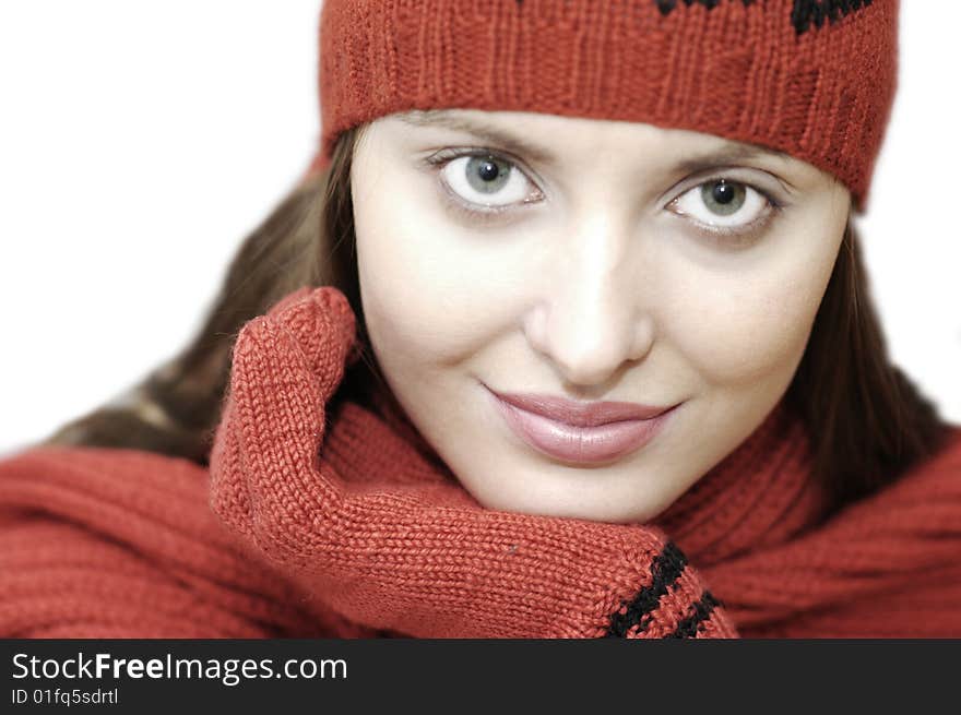 Face of pretty woman wear hat, scarf, glove on white. Face of pretty woman wear hat, scarf, glove on white