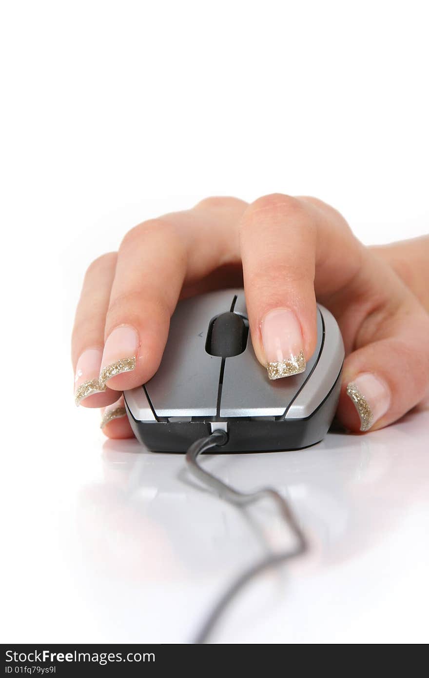 Hand with mouse isolated on white background