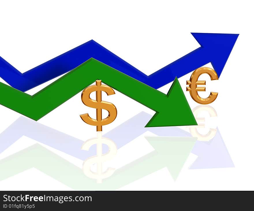 3d golden dollar and euro signs with green and blue arrows. 3d golden dollar and euro signs with green and blue arrows