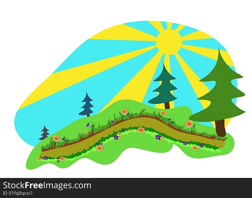 Cartoon background, the path in the forest in the sunny spring day. Cartoon background, the path in the forest in the sunny spring day