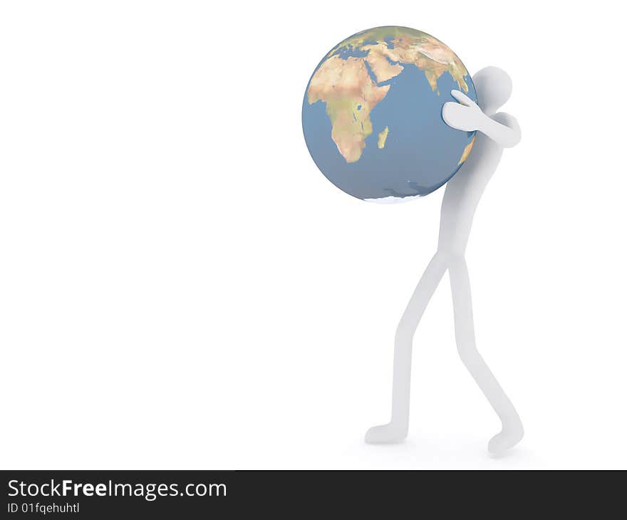 High resolution raytraced 3D render of Earth globe being lifted by a man. High resolution raytraced 3D render of Earth globe being lifted by a man.