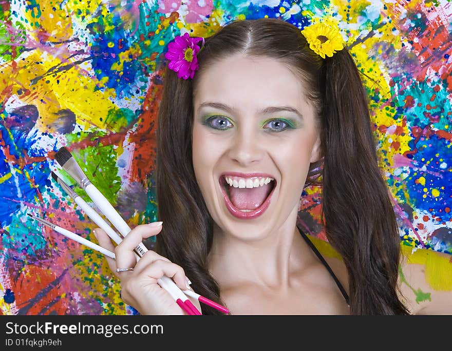 Portrait of young attractive woman on colored background. Portrait of young attractive woman on colored background