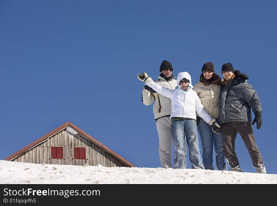 Friends together on a snow background. Friends together on a snow background