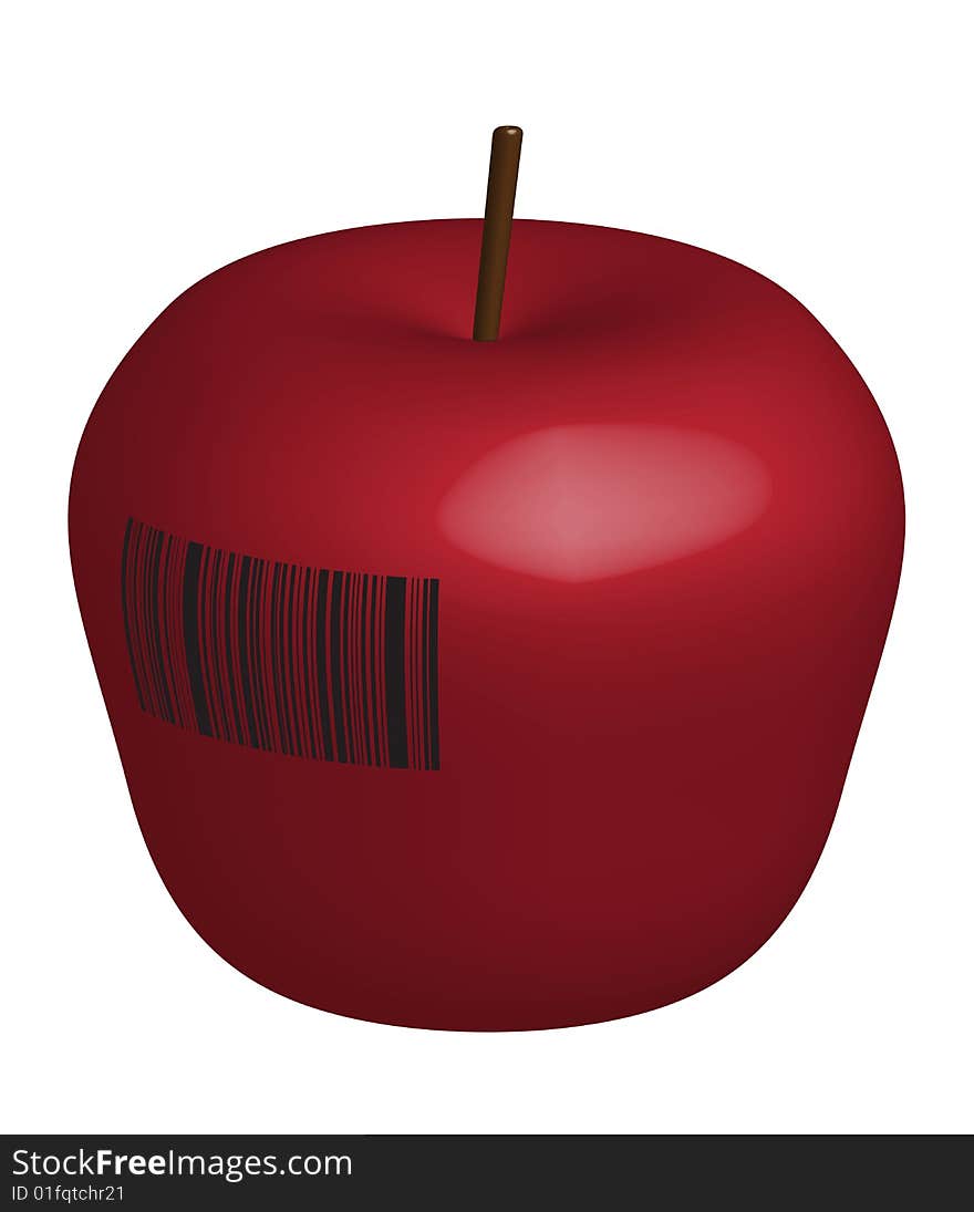 An red apple figure with bar-code on the side with 3d effect. An red apple figure with bar-code on the side with 3d effect.