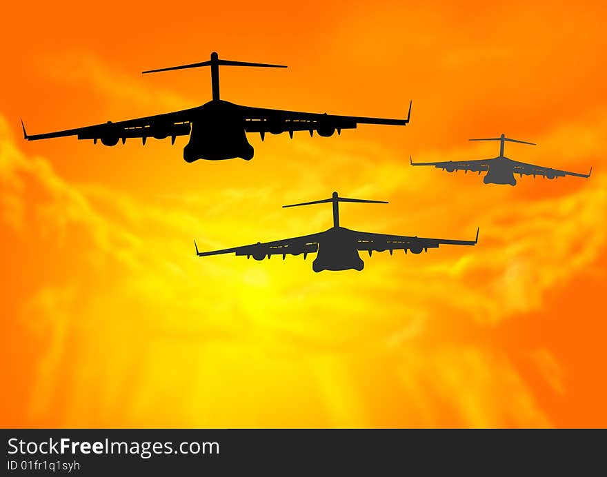 Conveyance airplane, in the rosy sunset of negative light background top