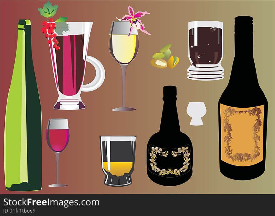 Illustration with different glass and bottles collection. Illustration with different glass and bottles collection