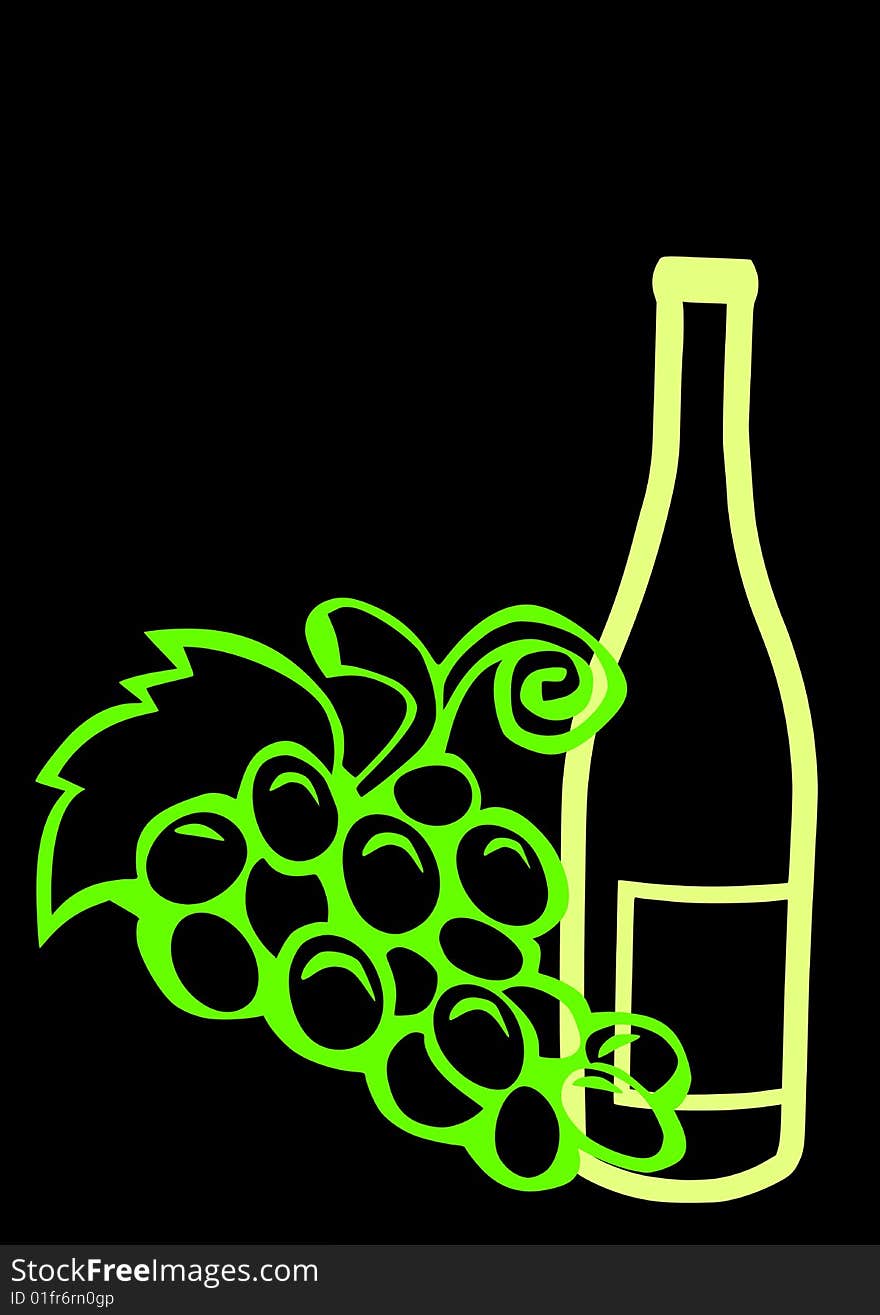 Outline of a wine bottle with grapes isolated on a black background. Outline of a wine bottle with grapes isolated on a black background.