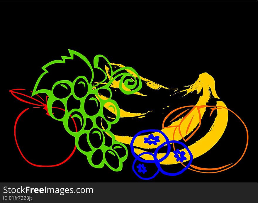 Colorful fruit illustration on a black background.