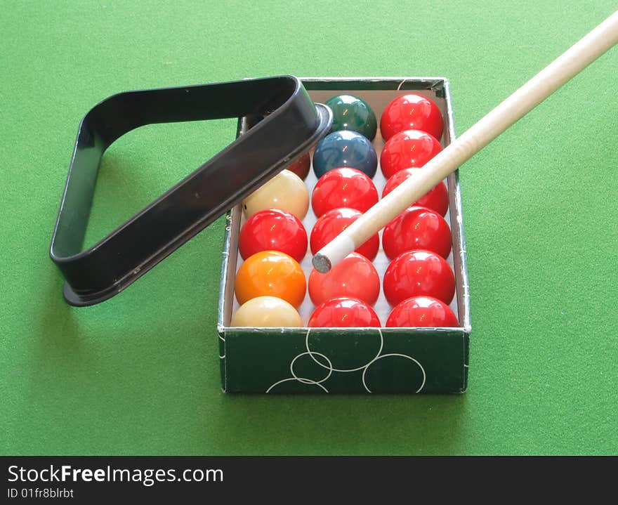 Image showing snooker balls,triangle and cue. Image showing snooker balls,triangle and cue