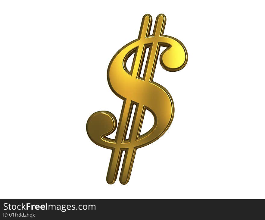 Golden dollar sign isolated on white, 3d render