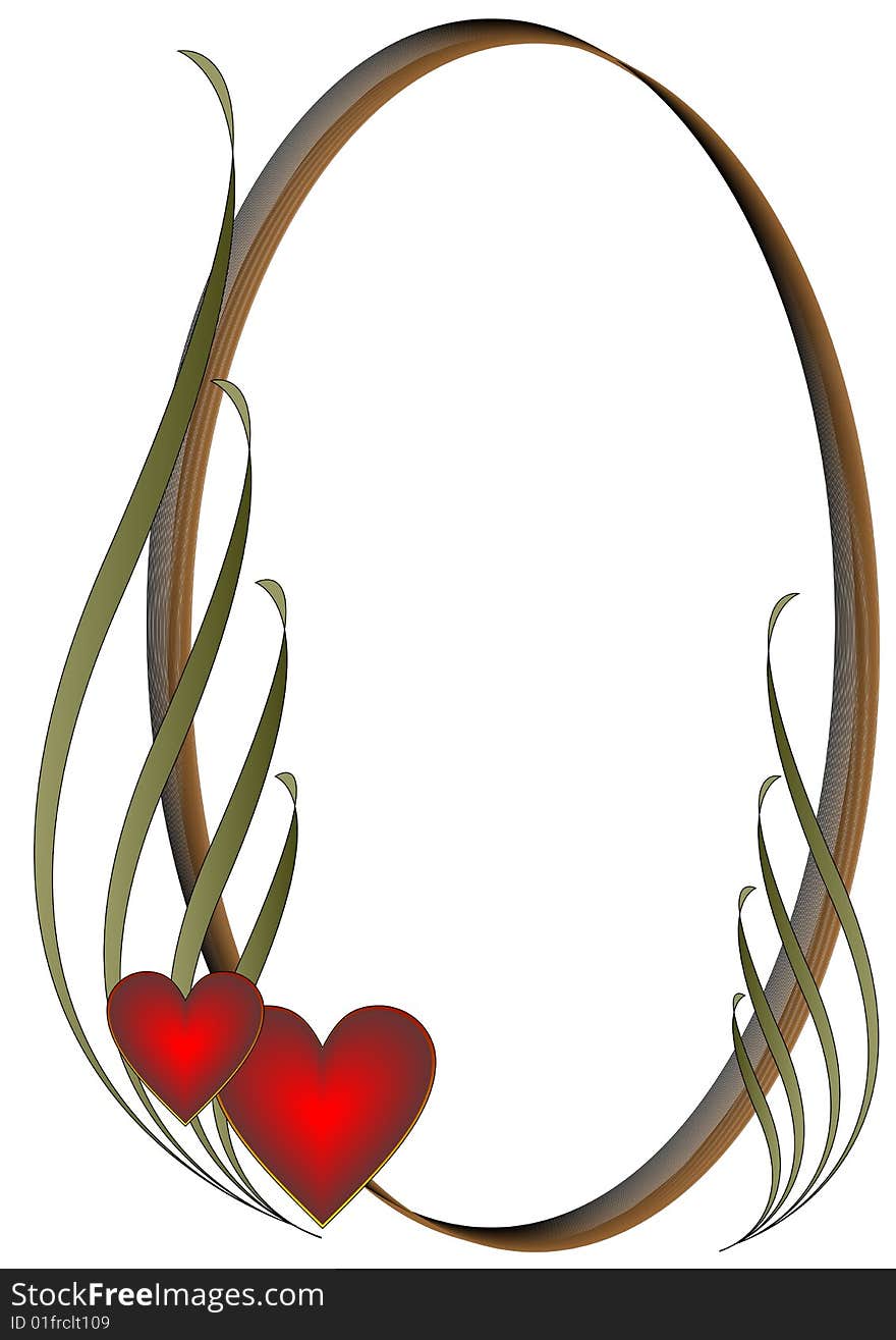 Abstract oval frame with two red hearts on white.