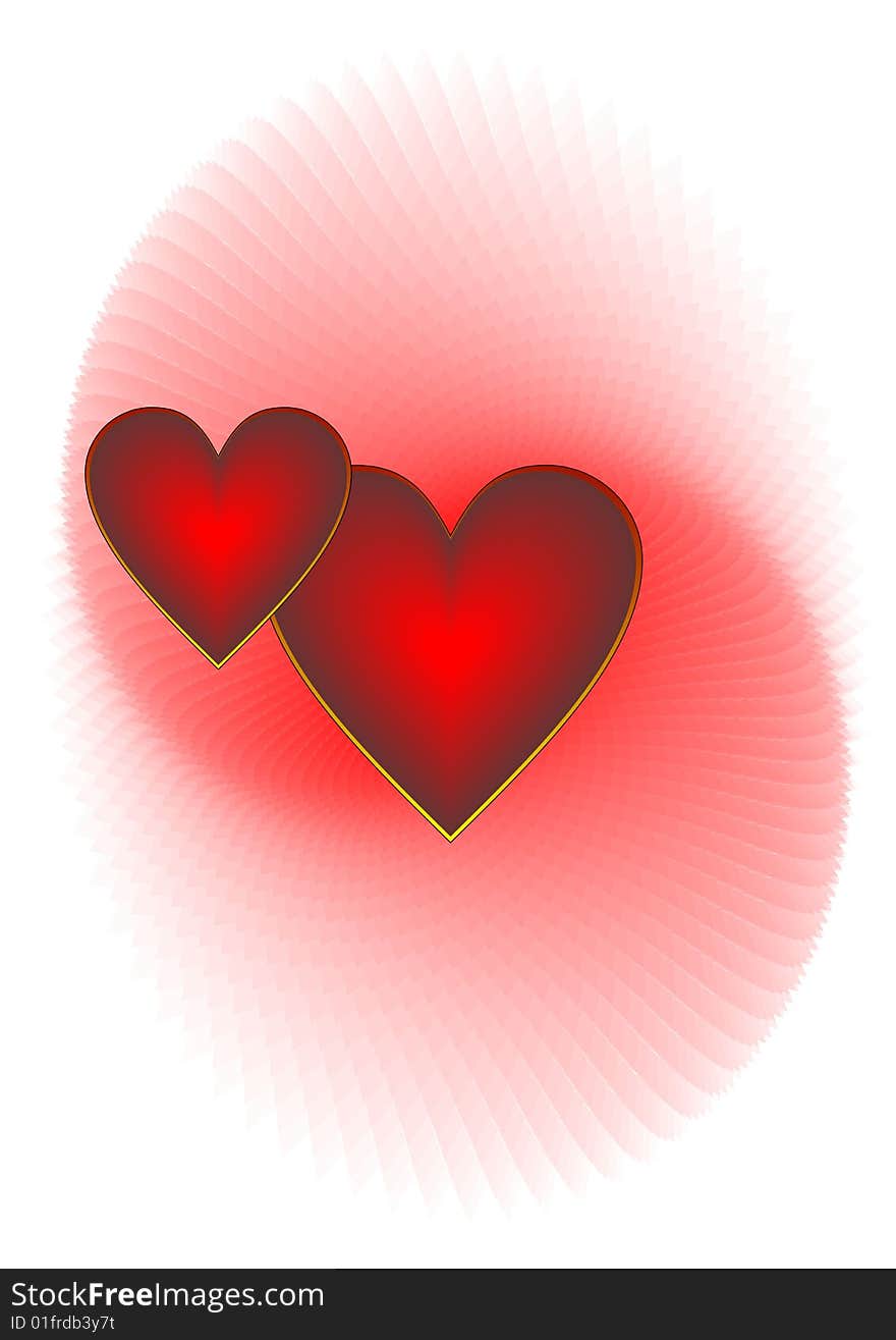 Two scarlet hearts on a red background. Symbol of passionate love. Two scarlet hearts on a red background. Symbol of passionate love.