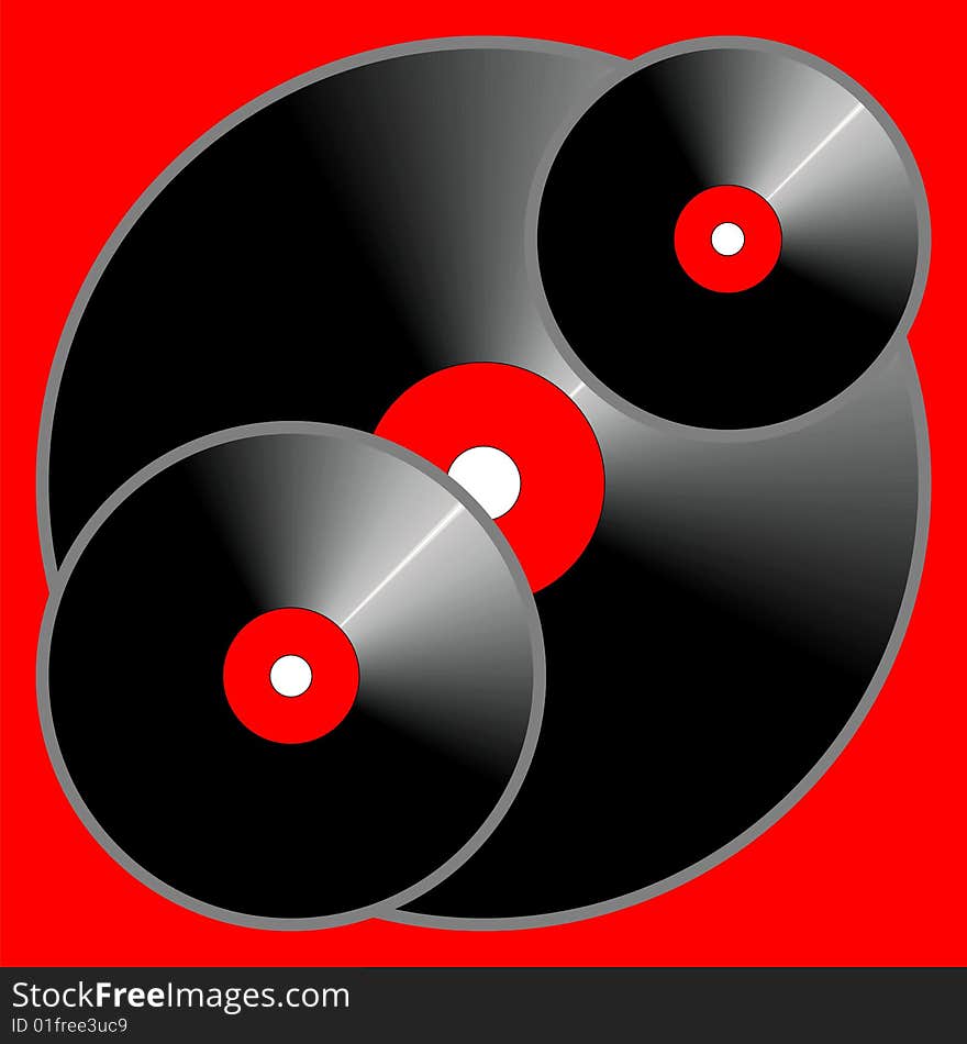 Three vinyl records with red labels on a red background.