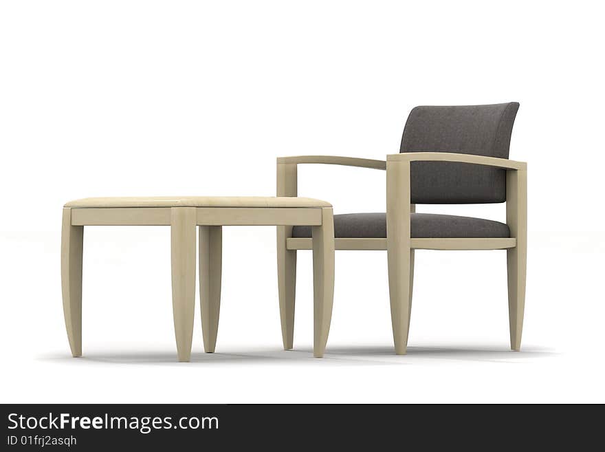 Armchair and coffee table on light background. Armchair and coffee table on light background