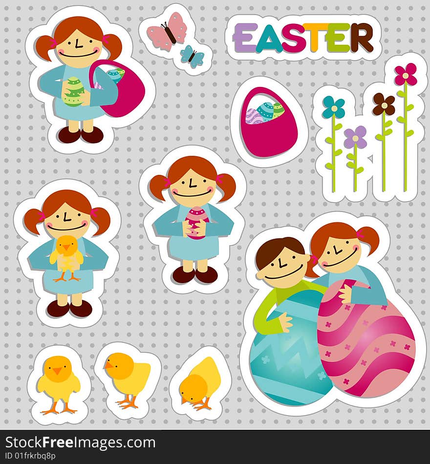 Set of easter stickers with elements like a girl, a boy, chickens, rabbit, flowers, basket, easter eggs, gift and butterflies. Set of easter stickers with elements like a girl, a boy, chickens, rabbit, flowers, basket, easter eggs, gift and butterflies