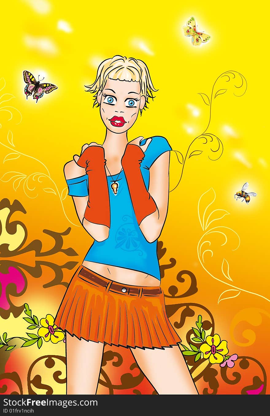 The art illustration (raster drawn) of the girl on the yellow background with bee and butterflies