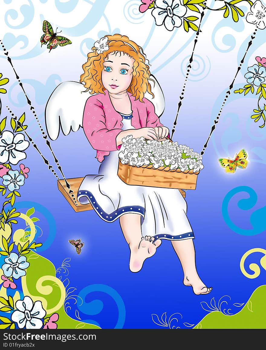 Illustration of girl with angel\s wings,flowers and white dress