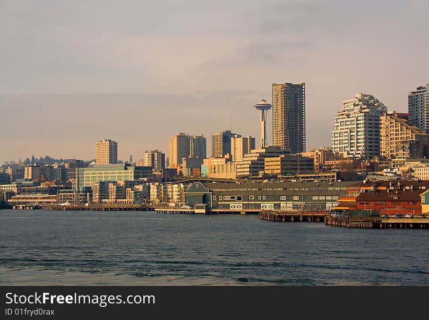 Seattle skyline with the Space Needle and Pier 59, from a ferry boat.