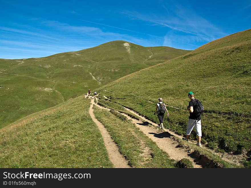 Hiker and La Meije mountain landscape. Hiker and La Meije mountain landscape